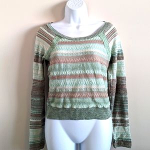 *** Free People Green and Tan Striped Scoop Neck Sweater